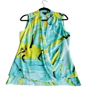 ALFANI Top Women's Sleeveless Tunic Blue Tropical Print Draped Faux Wrap Size 8